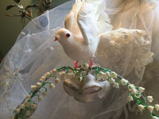 Antique 1940 ' s wedding bridal cake topper Lily Of The Valley flowers dove bells 2