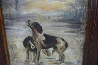 Antique 19th Century Folk Art Oil Painting Two Dogs Dog Winter Landscape Scene 4
