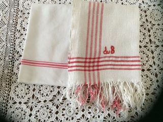 Two Vintage French Linen Metis Tea Towels Torchons - Oatmeal With Red Stripes