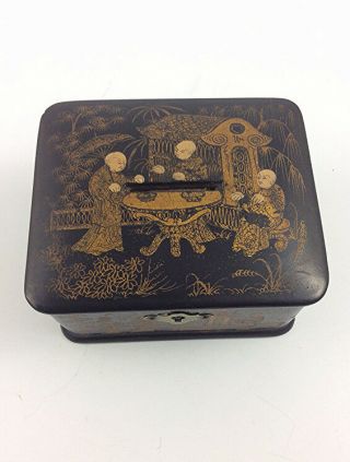Antique Japanese Papier Mache Lacquer Coin Box With Court Scenes