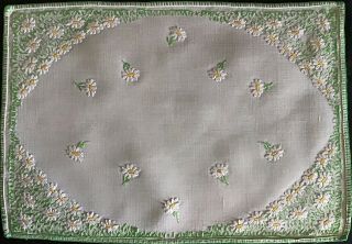 Gorgeous Vintage Linen Hand Embroidered Tray Cloth Daisy Meadows