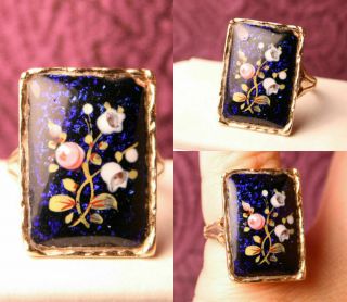 Victorian Antique 14k Yellow Gold Ring Hand Painted Blue Pink Floral Enamel