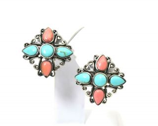 Vintage Signed Sterling Silver,  Turquoise & Coral Post Back Earrings