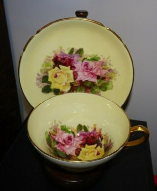 Vintage Stanley Cup & Saucer Large Red Pink & Yellow Roses England Bone China