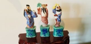 Antique Fabulous Set Of 3 Bisque Oriental Men Statues With Great Details 2 " Tall