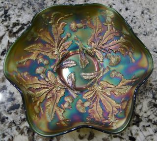 Fenton Thistle Green Carnival Glass 9 " Ruffled Bowl Electric Colors Vtg Antique