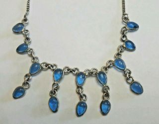 Antique Art Deco Sterling Silver Bezel Set Blue Paste Glass Necklace