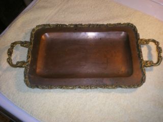 Vintage Solid Copper Tray W Decorative Brass Trim & Handles 15 " X 7 " Fr/shp