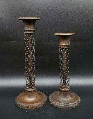 Unusual Antique Copper Candlesticks With Caging Need To Be Cleaned