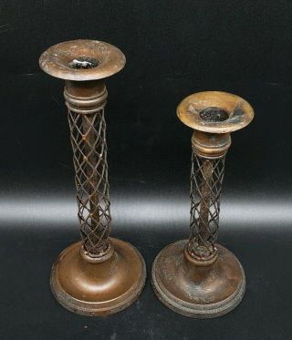 UNUSUAL ANTIQUE COPPER CANDLESTICKS WITH CAGING NEED TO BE CLEANED 2