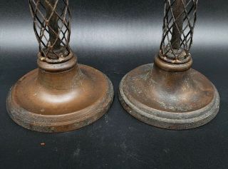 UNUSUAL ANTIQUE COPPER CANDLESTICKS WITH CAGING NEED TO BE CLEANED 3