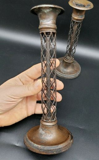 UNUSUAL ANTIQUE COPPER CANDLESTICKS WITH CAGING NEED TO BE CLEANED 4