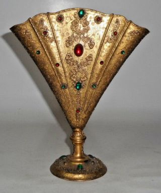 Antique Bronze Brass Highly Detailed Red Green Stones Fan Vase Wedding Victorian