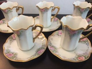 Antique Prussian Hand - Painted Gold Trim Porcelain Dainty Tea Cups & Saucers