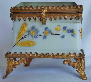Antique 19th Century Painted Porcelain Trinket Box Beveled Glass Lid Miniature