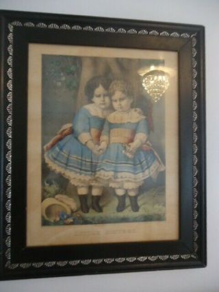 Antique Currier & Ives Print,  " Little Sisters " With Frame