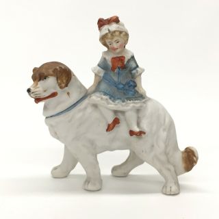 Vintage Porcelain Bisque Figurine Victorian Girl Riding On St.  Bernard Dog 4.  25 "