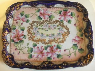 Antique Nippon Hand Painted Moriage Heavy Gold Cobalt Blue Pink Floral Tray