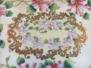 Antique Nippon Hand Painted Moriage Heavy Gold Cobalt Blue Pink Floral Tray 2