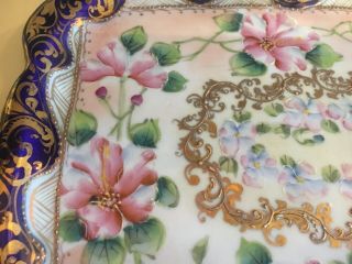 Antique Nippon Hand Painted Moriage Heavy Gold Cobalt Blue Pink Floral Tray 3