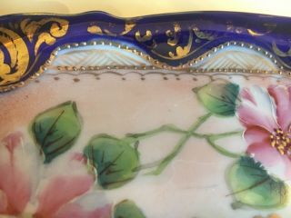 Antique Nippon Hand Painted Moriage Heavy Gold Cobalt Blue Pink Floral Tray 5