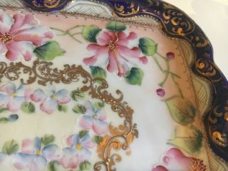 Antique Nippon Hand Painted Moriage Heavy Gold Cobalt Blue Pink Floral Tray 6