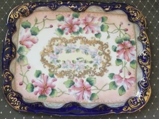 Antique Nippon Hand Painted Moriage Heavy Gold Cobalt Blue Pink Floral Tray 7