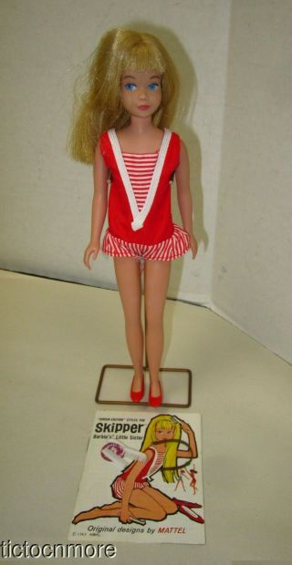 Vintage Barbie Sister Skipper Doll Platinum Blonde Straightleg,  Headband Stand