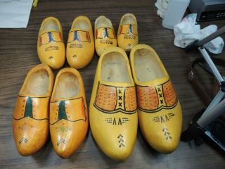 4 Pair Wooden Dutch Clogs Klompen Shoes Solid Wood Handmade Ged Wett Vintage