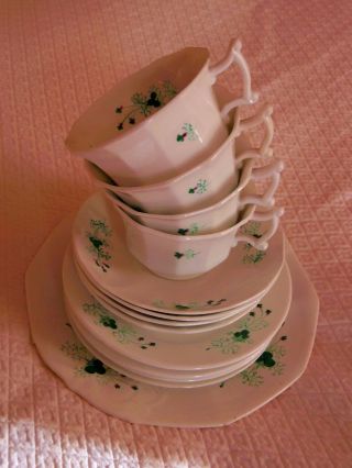 English Antique 19th C Sprig Ware Dessert Set Platter Cake Plates Cups Saucers