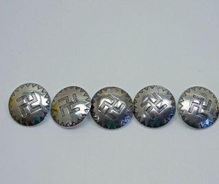 Antique Native American Concho Buttons " Rolling Whirling Log " Sterling Set Of 5
