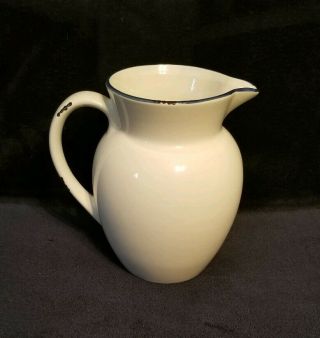 Vintage 8 " White W/ Blue Trim Enameled Porcelain Pitcher
