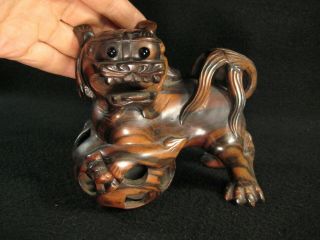 Vintage Chinese Hand Carved Persimmon Wood Foo Dog Sculpture W/ Inset Glass Eyes