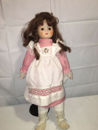 Vintage Porcelain Face Doll 16 " Tall Brown Hair & Brown Eyes Pink & White Dress