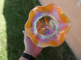 Antique Dugan Carnival Glass Cherry Peach Opal 3 Footed 9 " Ruffled Bowl