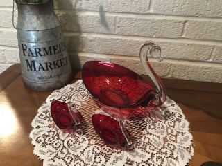 Antique 1940’s Duncan Miller Swan Set Of 3 Glass Vintage Red/cranberry