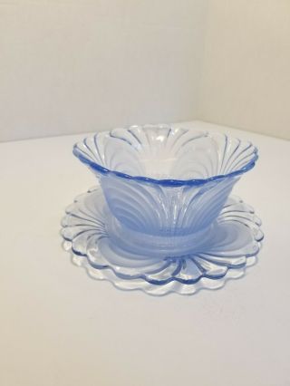 Vintage Scalloped And Frosted Blue Glass Bowl With Matching Saucer