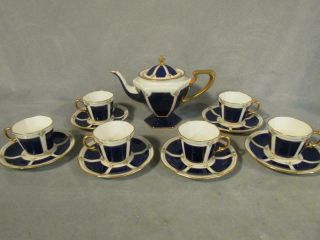 Exquisite Lenox Porcelain Cobalt Blue Tea Set: Pot & 6 Cups - Pink Roses -