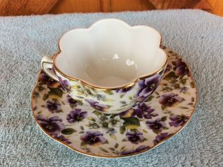 Purple Floral Cup And Saucer Set Gold Trimmed