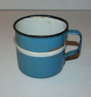 Vintage Enamel Tin Cup Blue W/white Stripe Small Mug 2.  75 " Tall