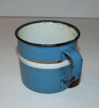 Vintage Enamel Tin Cup Blue w/White Stripe Small Mug 2.  75 