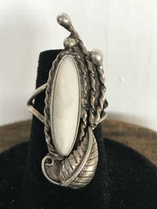 Antique Vtg Ladies Sterling Silver Ornate Mop Pearl White Stone Ring Size 5 1/4