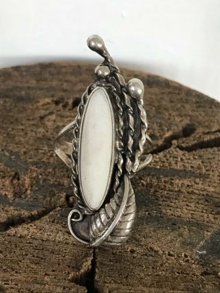Antique Vtg Ladies Sterling Silver Ornate MOP Pearl White Stone Ring Size 5 1/4 3