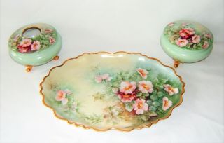 Antique Vintage Gda Limoges France Porcelain Dresser Vanity Set 5 Pc Gold Trim