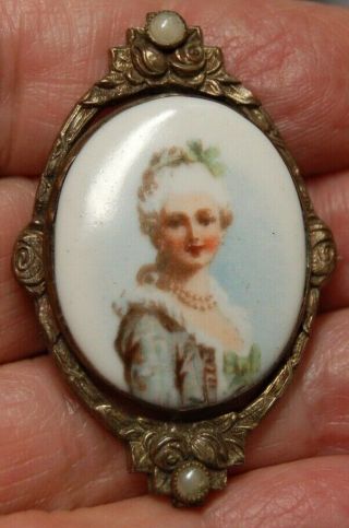 Antique Brooch_miniature Porcelain Portrait_hand Painted_w/ 2 - Seed Pearls