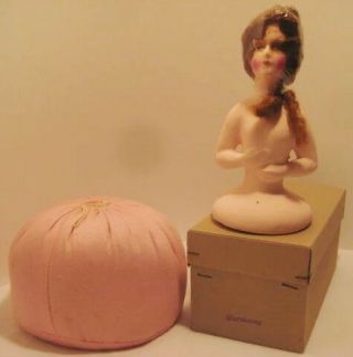 Old German Paper Mache Half Doll W/ Cloth Body For Sewing Pin Cushion