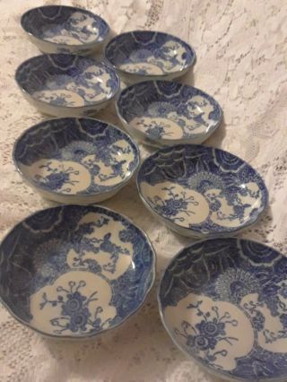 Eight Japanese Antique Meiji Period Imari Ware Blue And White Shallow Bowls.