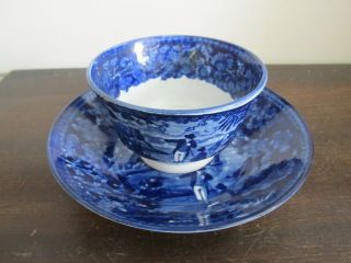 Antique Dark Flow Blue Staffordshire Clews England Cup And Bowl Scene
