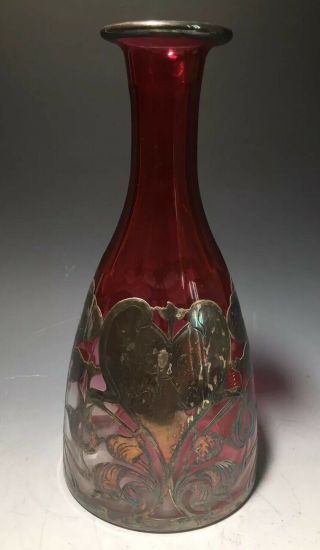Art Nouveau Cranberry Glass Silver Overlay Bottle Decanter