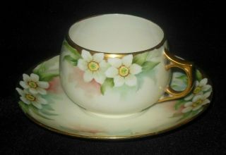 Antique Hand Painted Wild White Roses Tea Cup Saucer Set Gold Rim